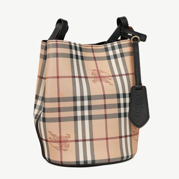 Burberry Small Lorne Haymarket Check Leather-Trim Bucket Bag - Picture 2 of 13